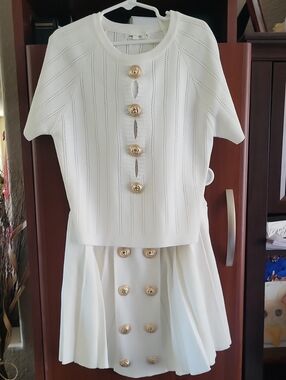 Elegant White Kids Matching Set with Gold Buttons